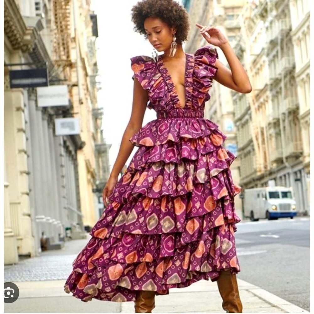 Ulla Johnson Purple and Orange Ruffled Midi Dress